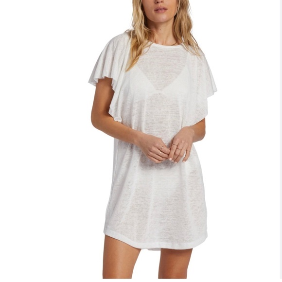 Billabong Out For Waves Raw Hem Flutter Sleeves Semi-Sheer Cover-Up Dress Size M - Picture 2 of 11